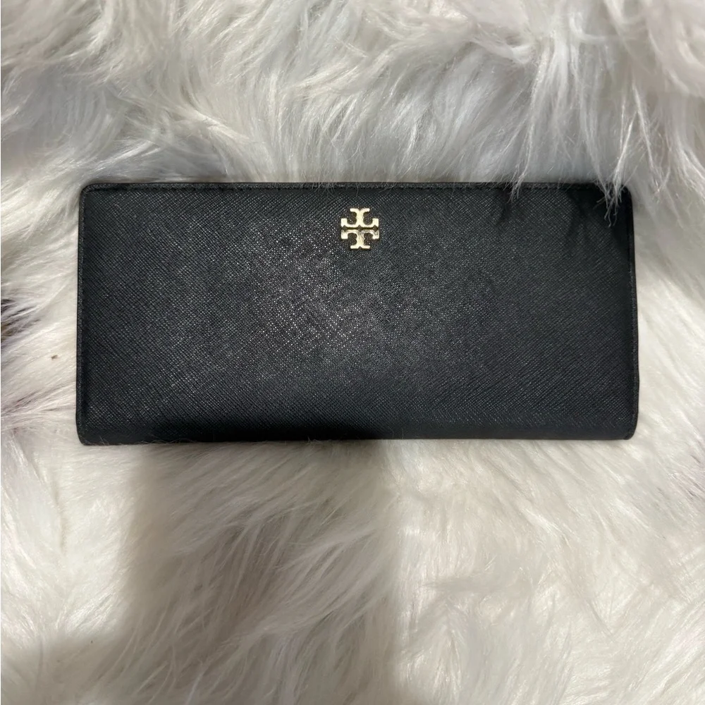 Tory Burch Black Leather Continental Wallet with Gold Logo